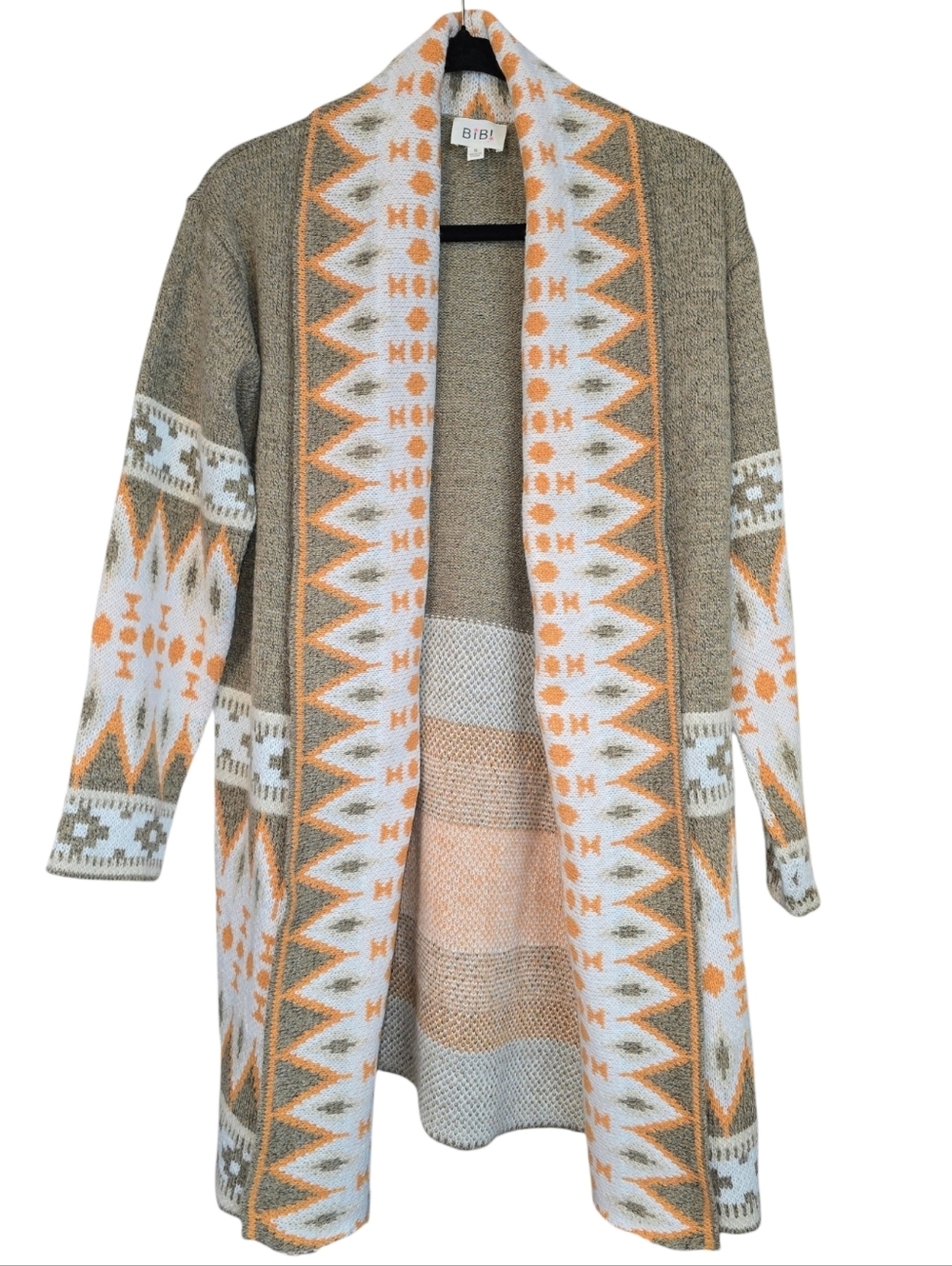 BiBi Aztec Tribal Open Front Cardigan Duster Boho Southwest Orange Taupe Size Sm - Picture 3 of 14